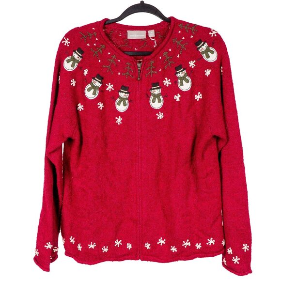 croft & barrow Sweaters - Christmas Cardigan Sweater Womens M Snowman Full Zip Winter Red Croft & Barrow